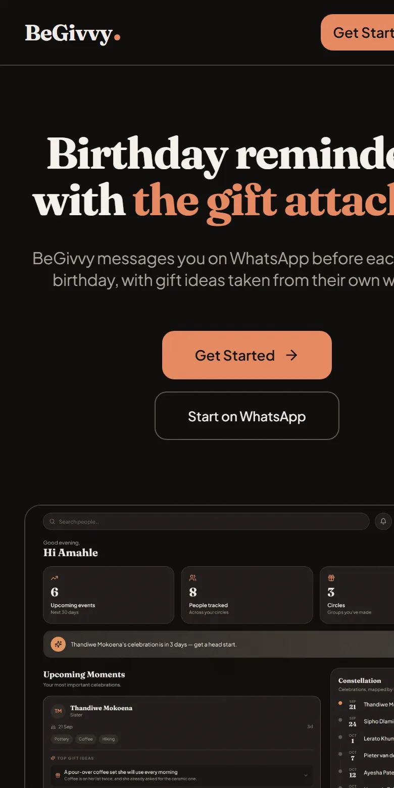 Givvy home page: Birthday reminders with the gift attached, above a dashboard of upcoming birthdays