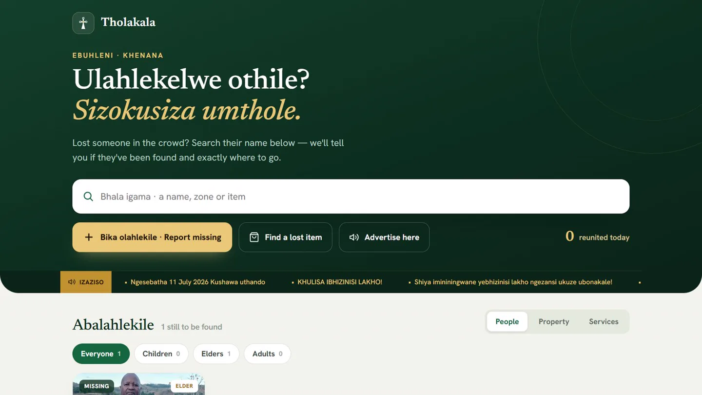 Tholakala public page in isiZulu: Ulahlekelwe othile? with a search box and the list of people still to be found